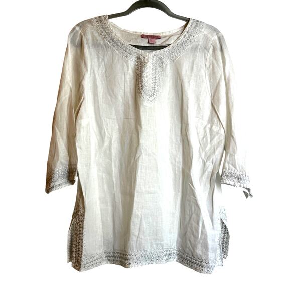 Saint Tropez West 100% Linen Embroidered 3/4 Sleeve Tunic Blouse Size L Beachy - Picture 1 of 7